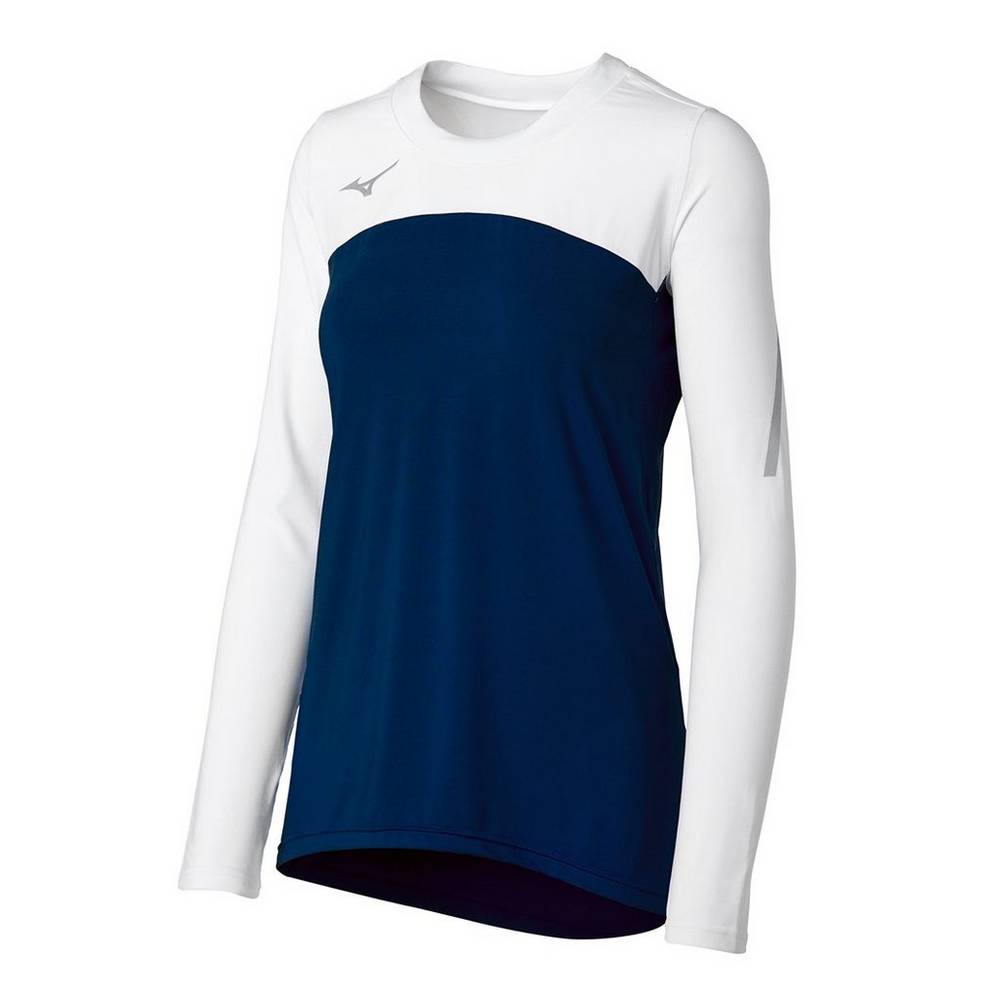 Camisas Mizuno Voleibol Techno VII Long Sleeve - Mulher - Azul Marinho/Branco - YOGSH8374